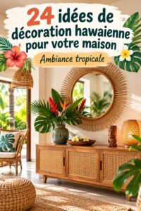 Un intérieur décoré avec des éléments hawaiiens et des plantes tropicales.