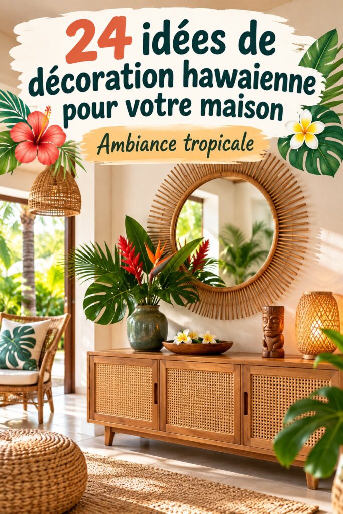 Un intérieur décoré avec des éléments hawaiiens et des plantes tropicales.