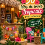 Ambiance festive d'une fête d'été tropicale avec des cocktails et des décorations colorées.