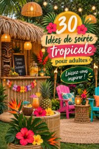 Ambiance festive d'une fête d'été tropicale avec des cocktails et des décorations colorées.