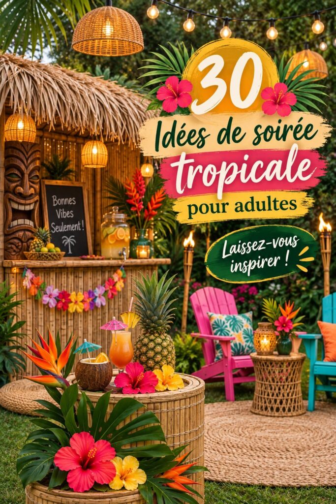 Ambiance festive d'une fête d'été tropicale avec des cocktails et des décorations colorées.