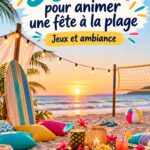 Une fête joyeuse sur la plage avec des amis, décorée de lumières festives et de couleurs vibrantes.