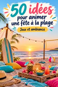 Une fête joyeuse sur la plage avec des amis, décorée de lumières festives et de couleurs vibrantes.