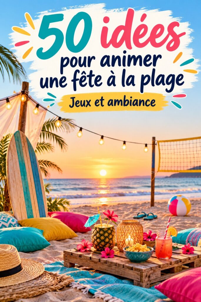 Une fête joyeuse sur la plage avec des amis, décorée de lumières festives et de couleurs vibrantes.