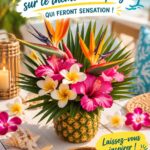 Une fête en extérieur sur le thème de la plage avec des décorations colorées et des invités heureux.