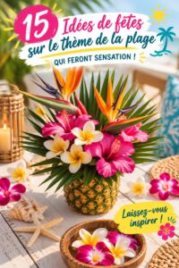 Une fête en extérieur sur le thème de la plage avec des décorations colorées et des invités heureux.