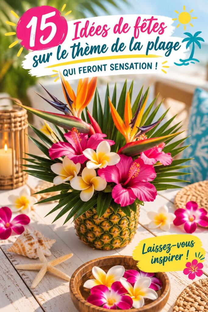 Une fête en extérieur sur le thème de la plage avec des décorations colorées et des invités heureux.