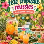 Un salon décoré pour une soirée tropicale avec des plantes exotiques et des lumières colorées.