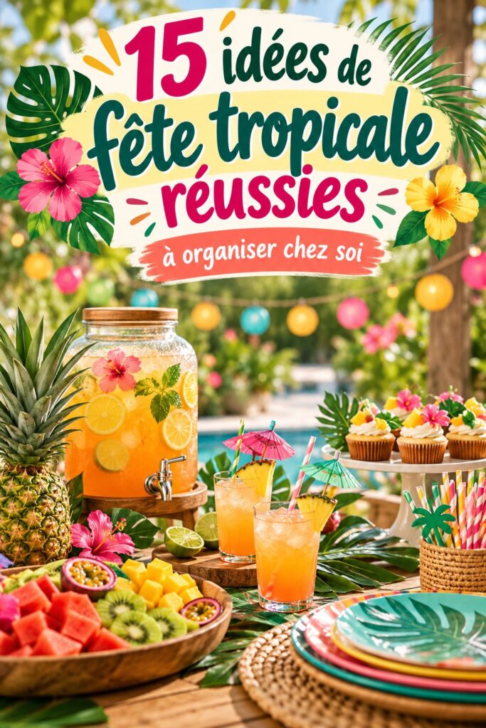 Un salon décoré pour une soirée tropicale avec des plantes exotiques et des lumières colorées.