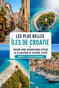 Vue panoramique d'une île croate avec des eaux turquoise et des paysages verdoyants.