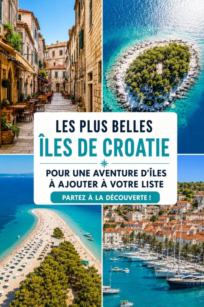 Vue panoramique d'une île croate avec des eaux turquoise et des paysages verdoyants.