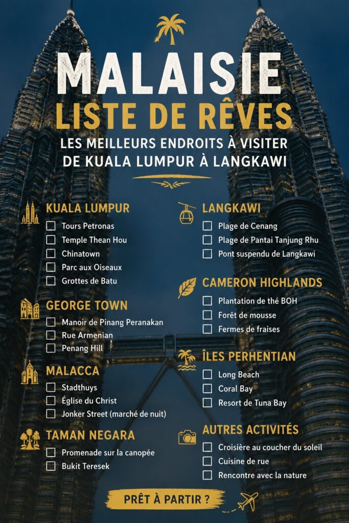 Vue panoramique sur les tours Petronas à Kuala Lumpur, un incontournable de la Malaisie.