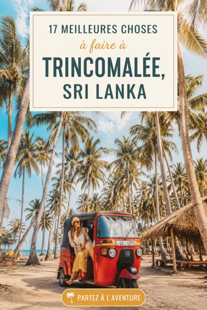 Plage de Trincomalee avec ciel bleu et palmiers, Sri Lanka.