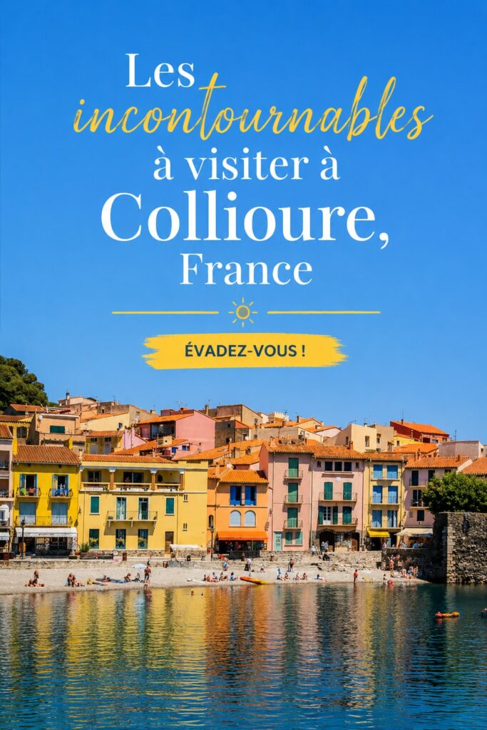 View of Collioure's colorful houses and coastline under the sun