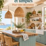 Cuisine boho chic avec des éléments côtiers, évoquant l'ambiance de la mer