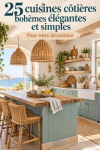 Cuisine boho chic avec des éléments côtiers, évoquant l'ambiance de la mer
