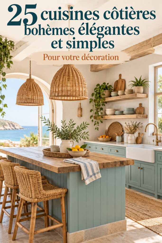 Cuisine boho chic avec des éléments côtiers, évoquant l'ambiance de la mer
