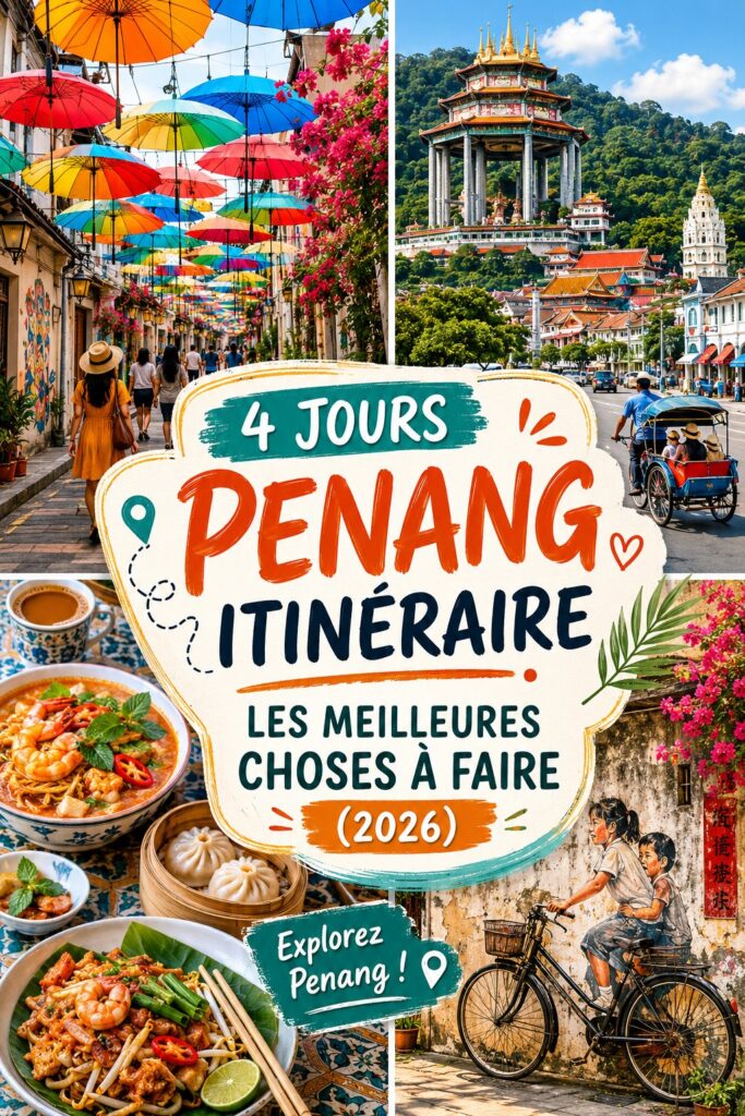 Vue panoramique de Penang avec ses paysages verdoyants et ses bâtiments colorés.