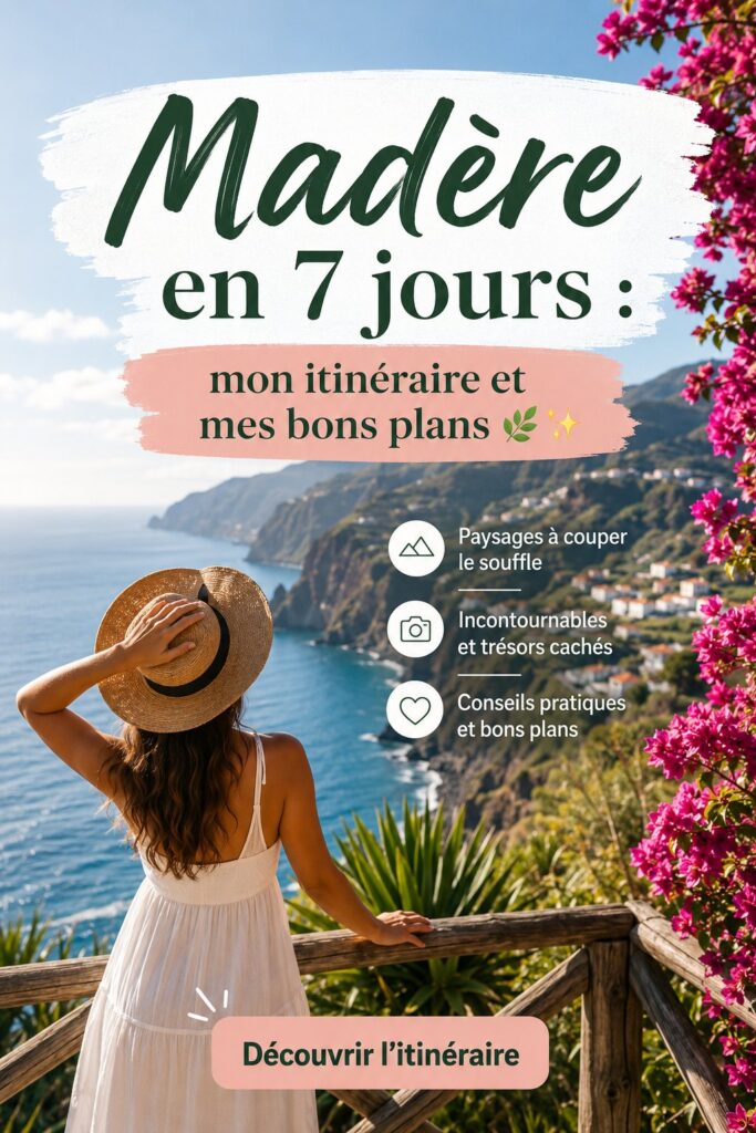 Paysage verdoyant de Madère avec montagnes et océan en arrière-plan.