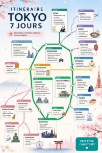 Itinéraire d'une semaine à Tokyo avec des attractions colorées en arrière-plan