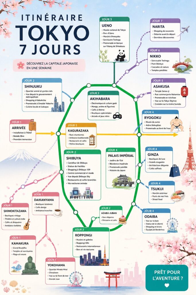 Itinéraire d'une semaine à Tokyo avec des attractions colorées en arrière-plan