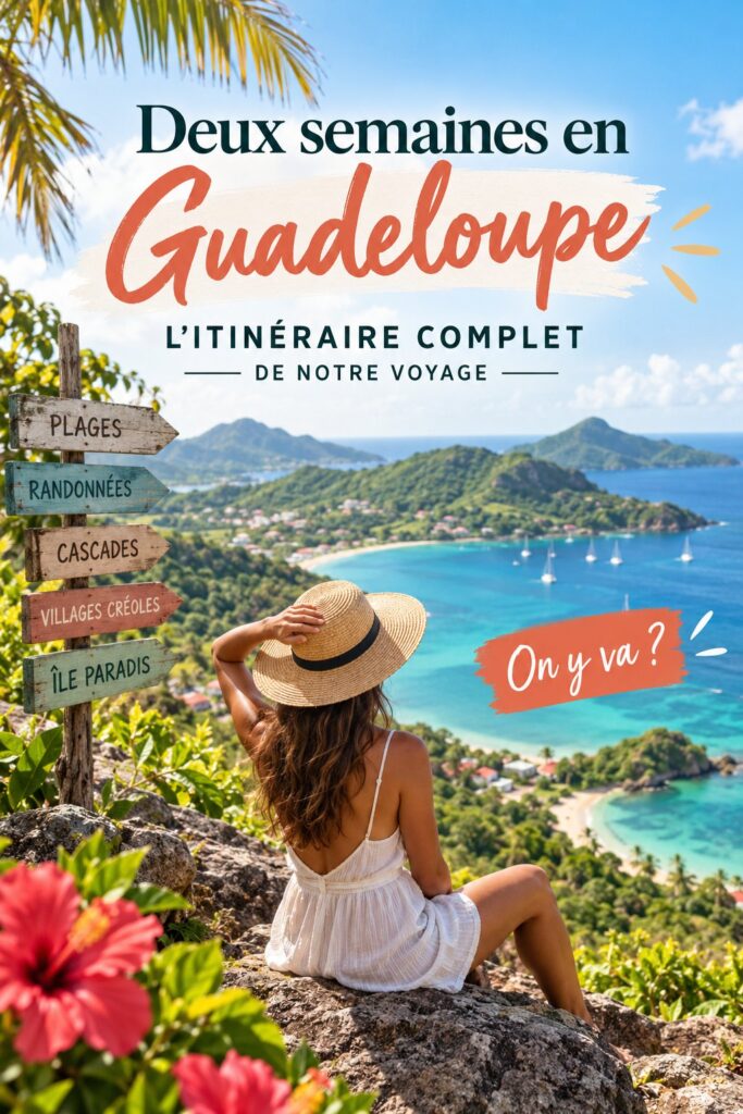 Plage de sable blanc en Guadeloupe avec palmiers et mer bleu turquoise