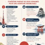 Une vue panoramique sur les cerisiers en fleurs au Japon avec des montagnes en arrière-plan