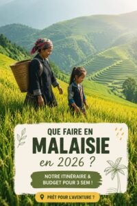 Itinéraire coloré d'un voyageur découvrant la Malaisie en 2026.