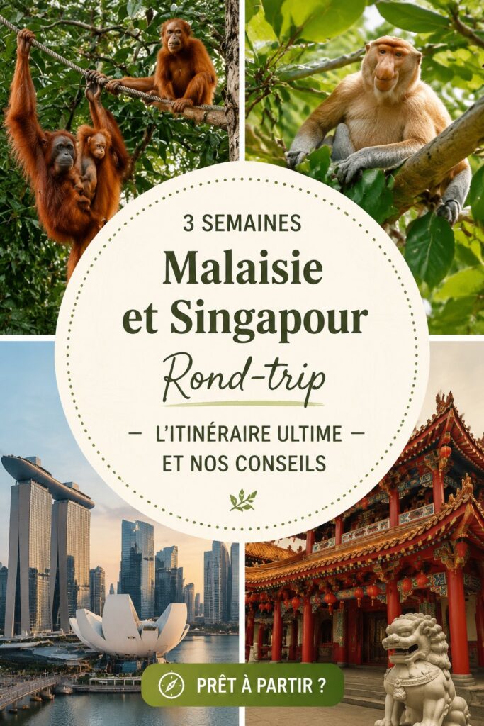 Itinéraire coloré pour un voyage en Malaisie et Singapour, incluant des paysages et des monuments emblématiques.