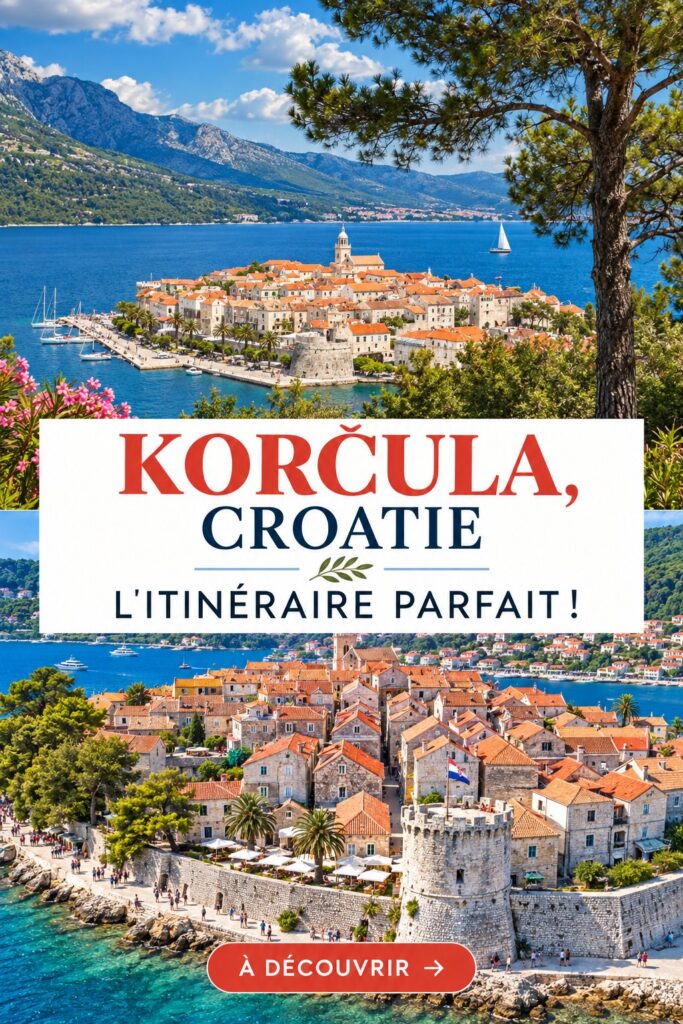 Vue panoramique de la ville de Korcula en Croatie, avec ses toits en tuiles et la mer en arrière-plan.