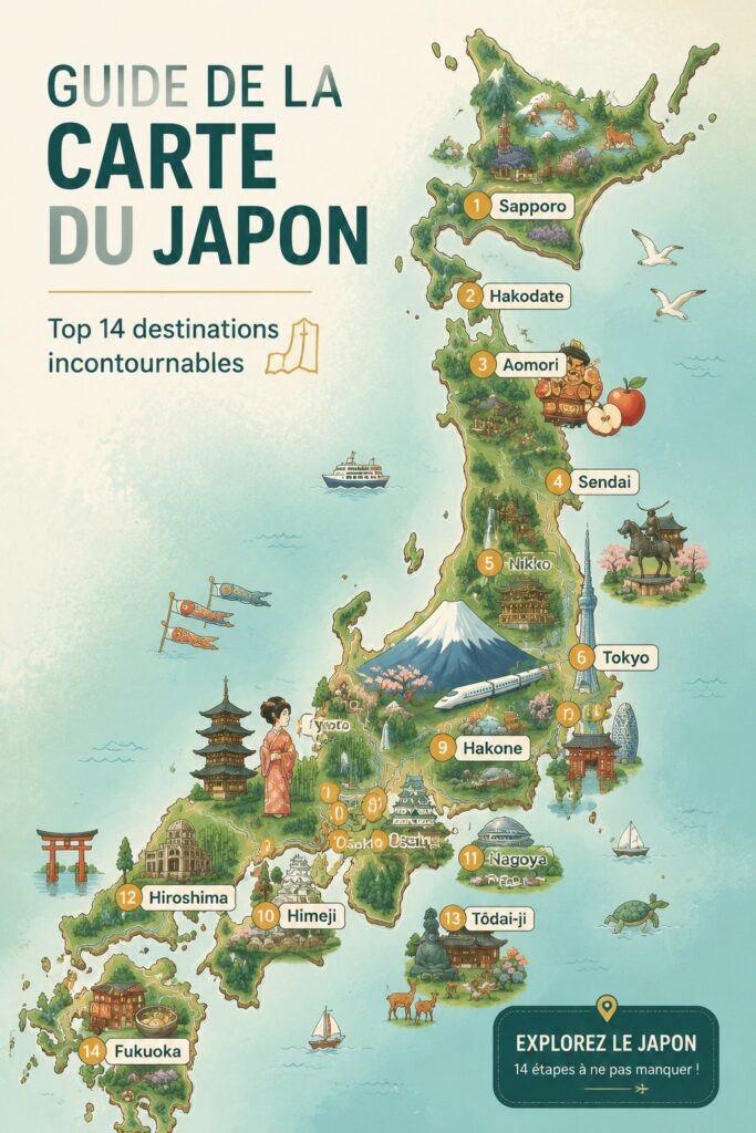 Carte du Japon avec des repères des principales destinations à visiter