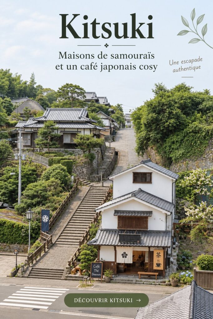 Vue des résidences de samouraïs à Kitsuki, Japon, avec un ciel bleu en arrière-plan.