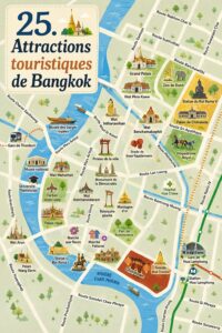 Un panorama de Bangkok avec ses temples emblématiques et ses gratte-ciels modernes