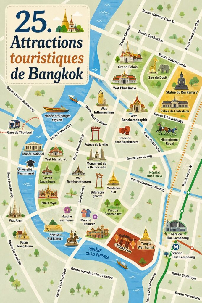 Un panorama de Bangkok avec ses temples emblématiques et ses gratte-ciels modernes
