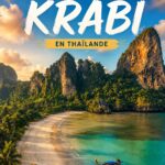 Vue panoramique de la plage Railay à Krabi, Thaïlande, avec ses formations rocheuses emblématiques et ses eaux cristallines.