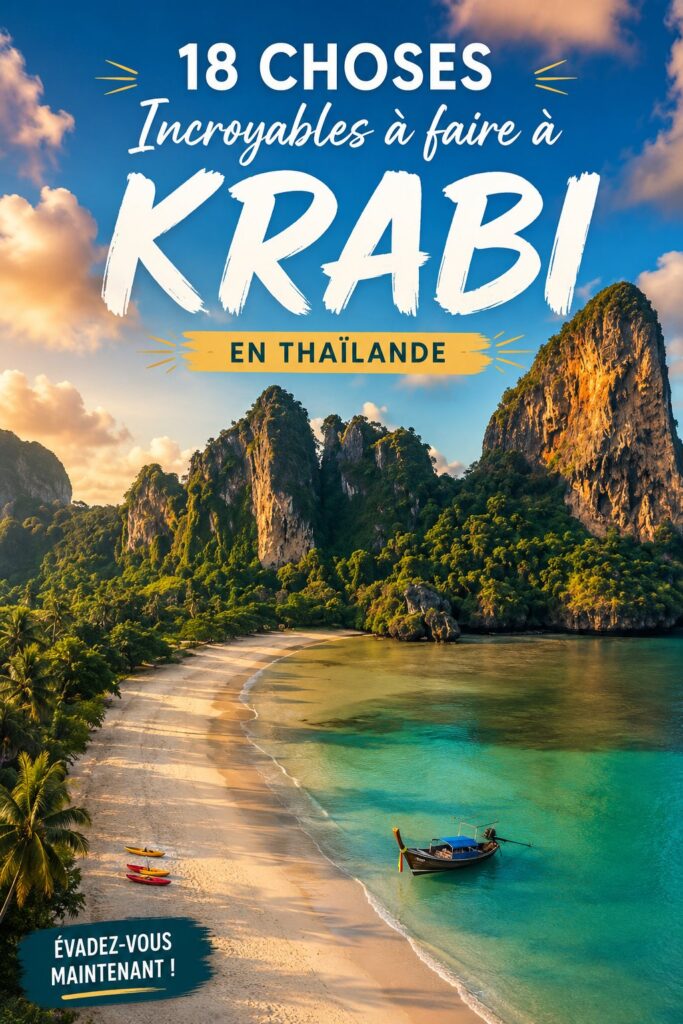 Vue panoramique de la plage Railay à Krabi, Thaïlande, avec ses formations rocheuses emblématiques et ses eaux cristallines.