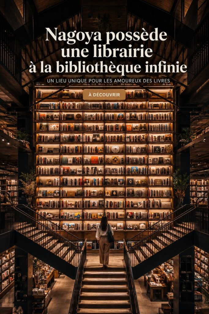 Intérieur de la librairie unique de Nagoya avec des étagères infinies de livres.