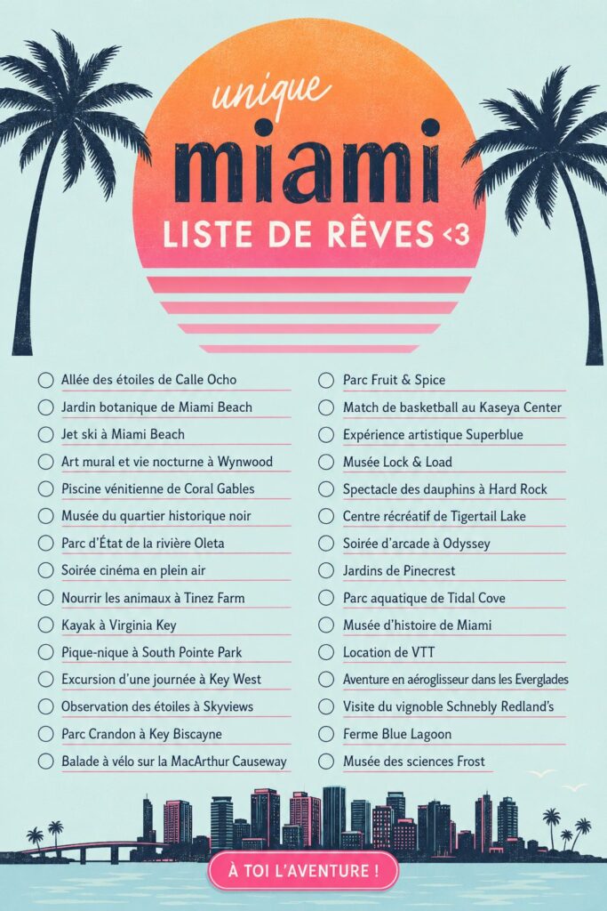 Vue magnifique sur les plages de Miami, avec des palmiers et des gens profitant du soleil.