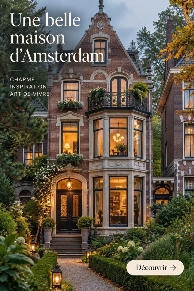 Une belle maison à Amsterdam avec des détails architecturaux colorés.
