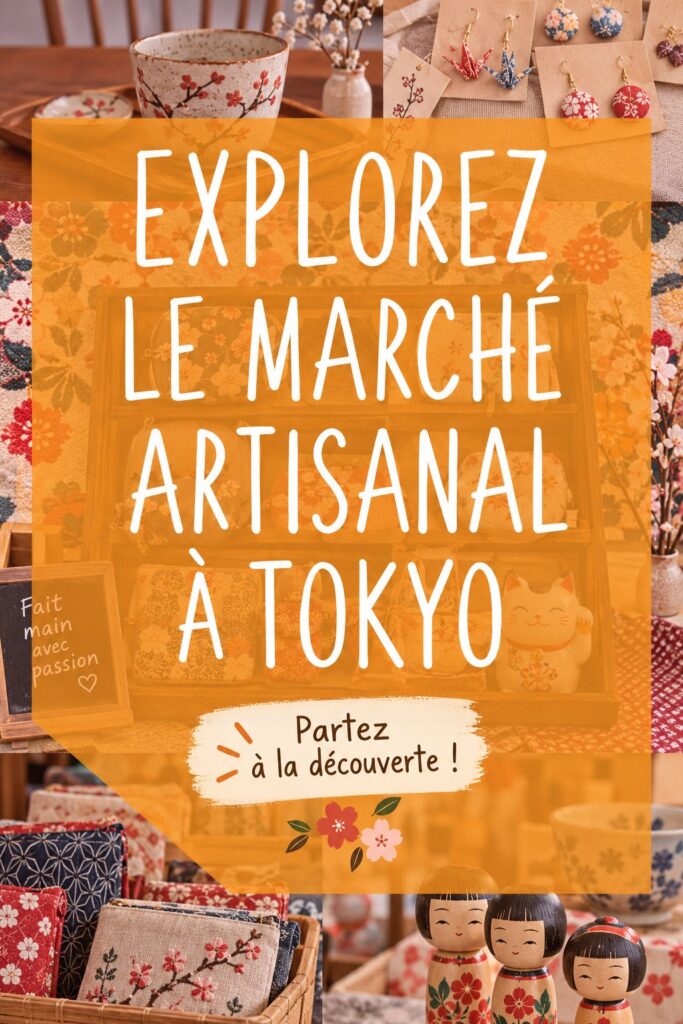 Vue d'un marché artisanal à Tokyo avec des stands colorés et des créations uniques.