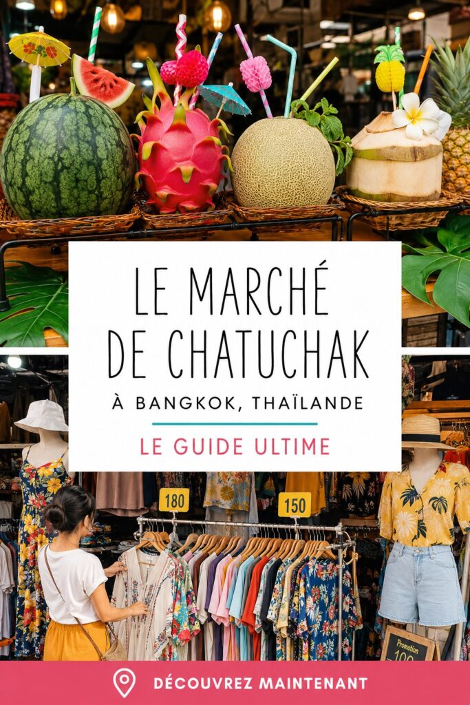 Vue panoramique du marché de Chatuchak à Bangkok, rempli de visiteurs et de stands colorés.