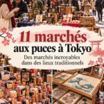 Marché aux puces animé à Tokyo avec des étals colorés et des visiteurs