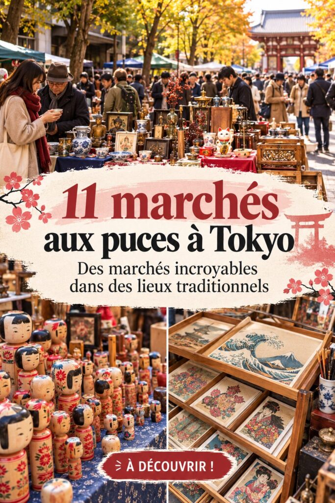 Marché aux puces animé à Tokyo avec des étals colorés et des visiteurs