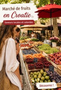 Un vibrant marché de fruits en Croatie avec des étals colorés.