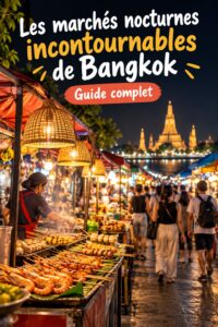 Marché nocturne animé à Bangkok avec des stands de nourriture et des lumières colorées.