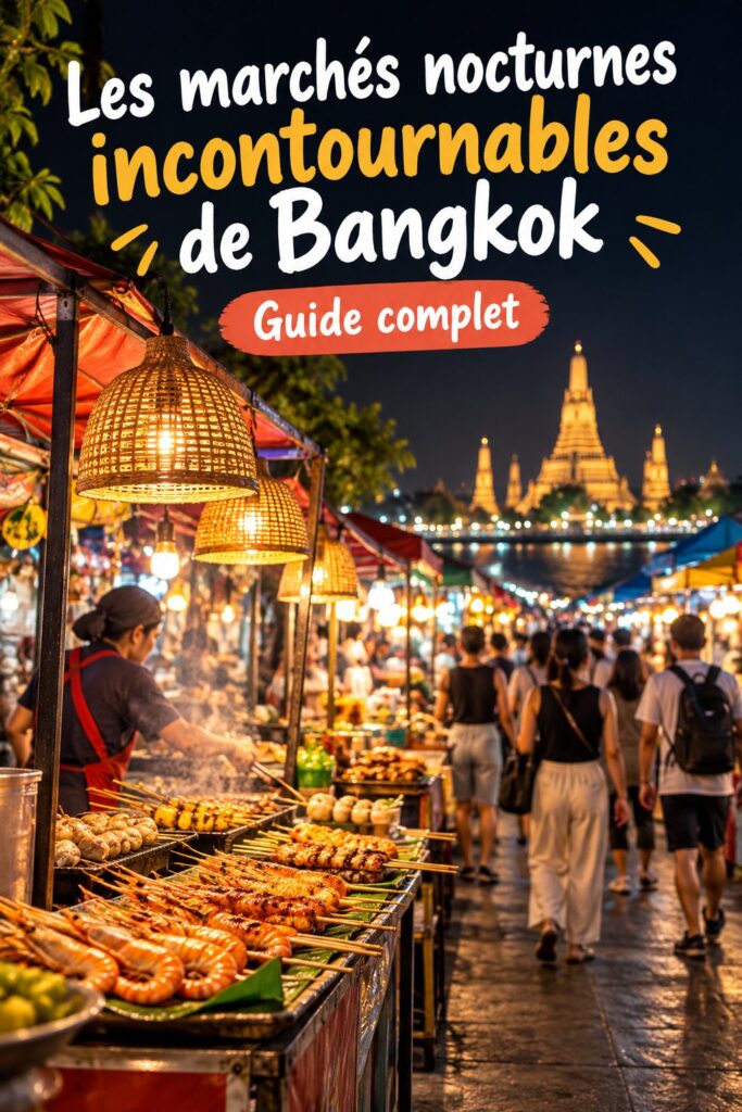 Marché nocturne animé à Bangkok avec des stands de nourriture et des lumières colorées.