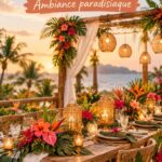 Installation d'un mariage tropical sur la plage en Malaisie avec des fleurs colorées et une ambiance festive.