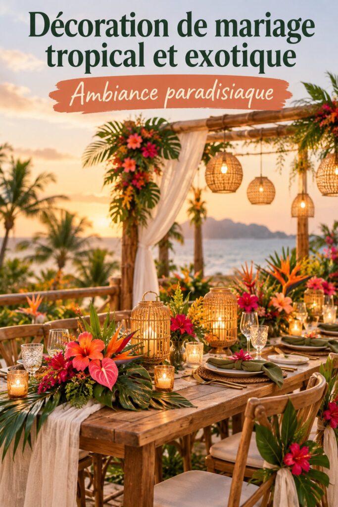 Installation d'un mariage tropical sur la plage en Malaisie avec des fleurs colorées et une ambiance festive.