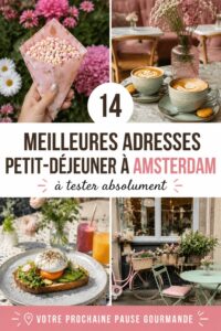 Une table joliment dressée pour un brunch à Amsterdam avec des assiettes colorées et des boissons chaudes.