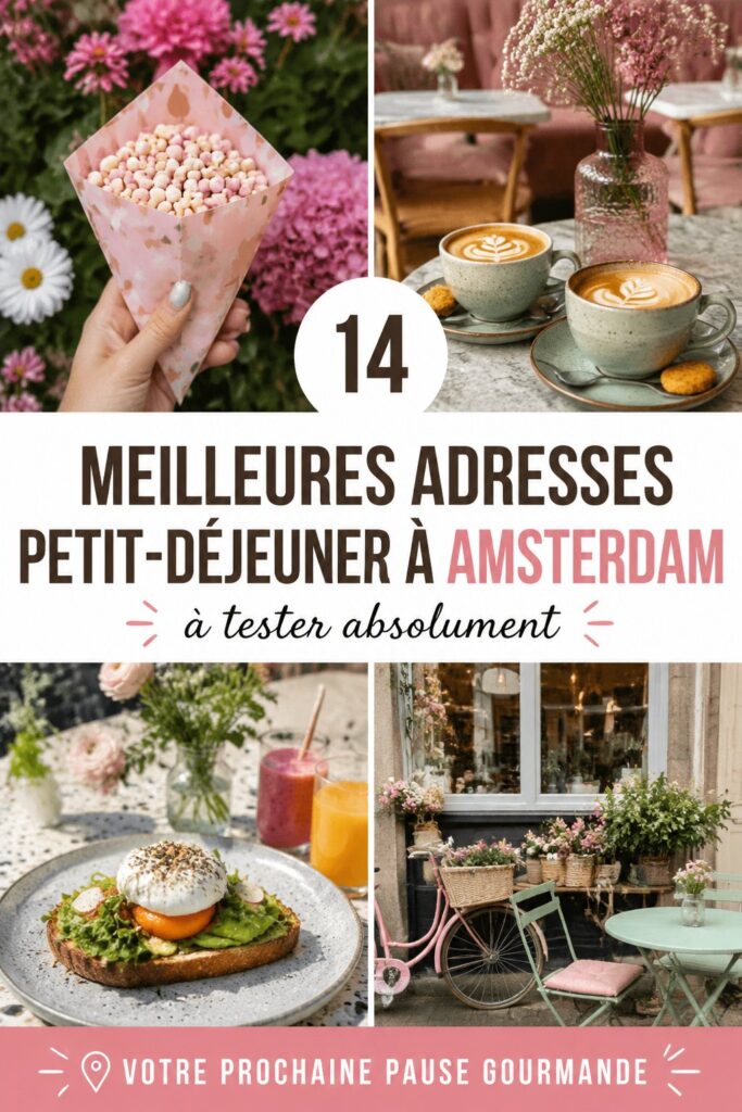 Une table joliment dressée pour un brunch à Amsterdam avec des assiettes colorées et des boissons chaudes.